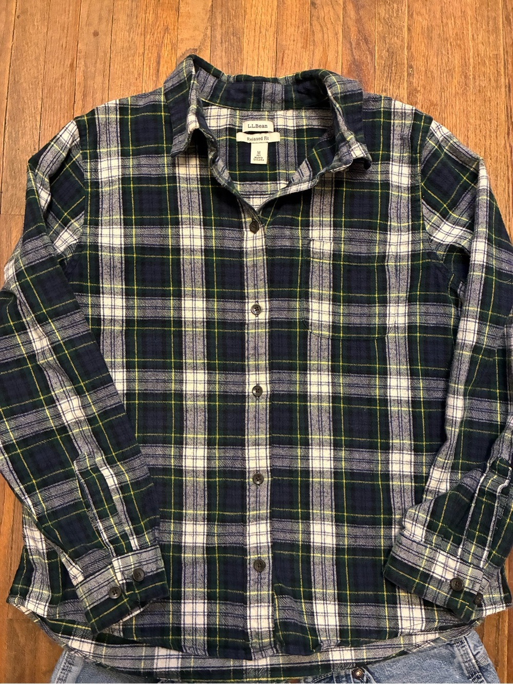 Vintage L. L. Bean Navy, Green & White Plaid Button-Up Shirt